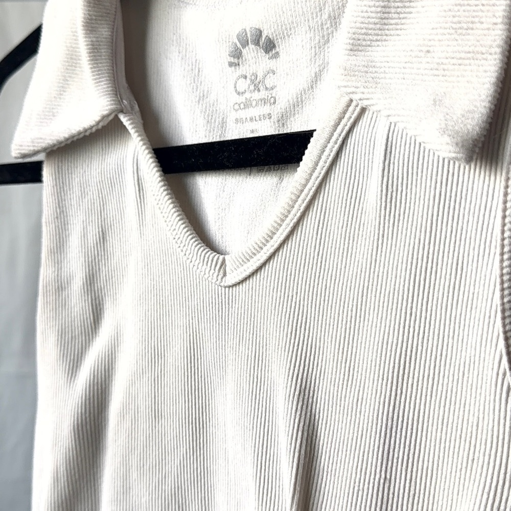 C&C California Cream Ribbed Polo V-Notch Tank - Picture 4 of 5
